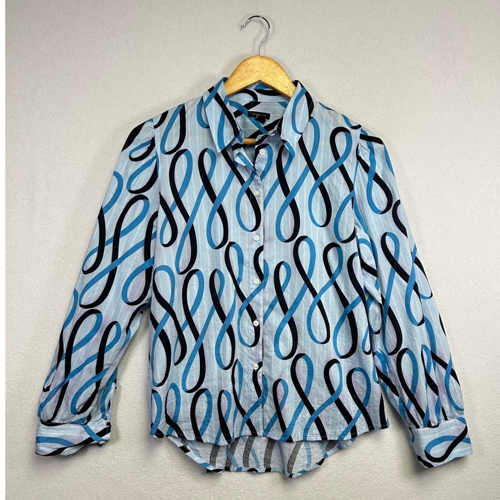Ann Taylor Factory Womens Shirt Size‎ S Blue Black Ribbon Button Up Long Sleeve